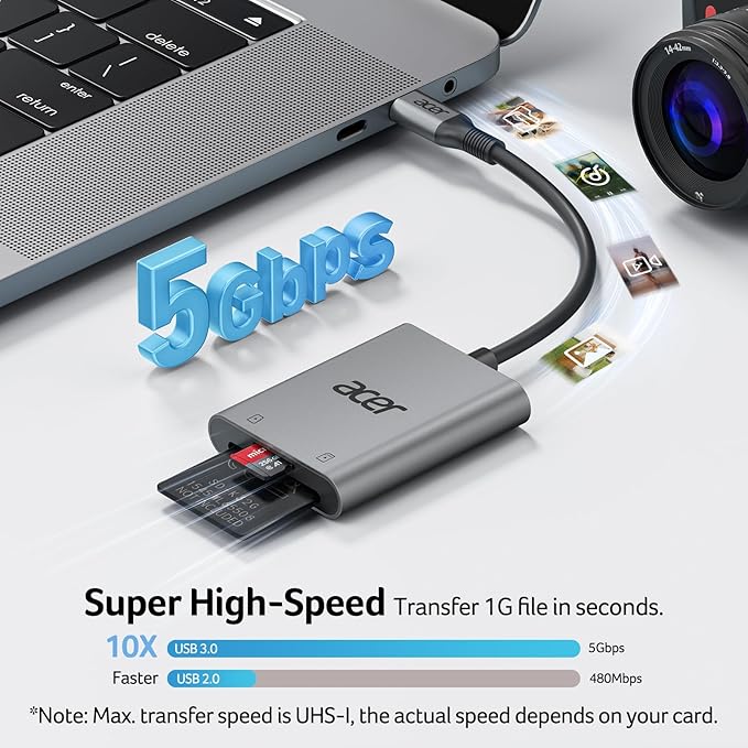 Acer SD Card Reader USB C, Dual Slots Type C to Memory Card Reader, Aluminum Micro SD Card Camera Adapter for MicroSD, SDHC, SDXC, Compatible with iPhone17/16/15, MacBook Neo/Pro/Air, iPad, Laptop