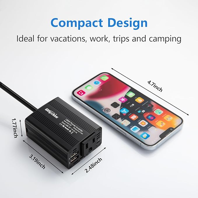 Bapdas 150W Car Power Inverter DC 12V to 110V AC Car Adapter for Plug Outlet with 3.1A Dual USB Car Charger for Laptop Computer-Black