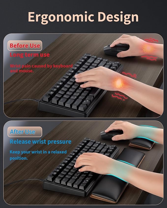 ASFSKY Keyboard and Mouse Wrist Rest Set for 60%-75% Compact Keyboards – Ergonomic Wooden Support Pad with PU Leather & Memory Foam, Anti-Slip Rubber Base for Gaming, Office & Typing Pain Relief