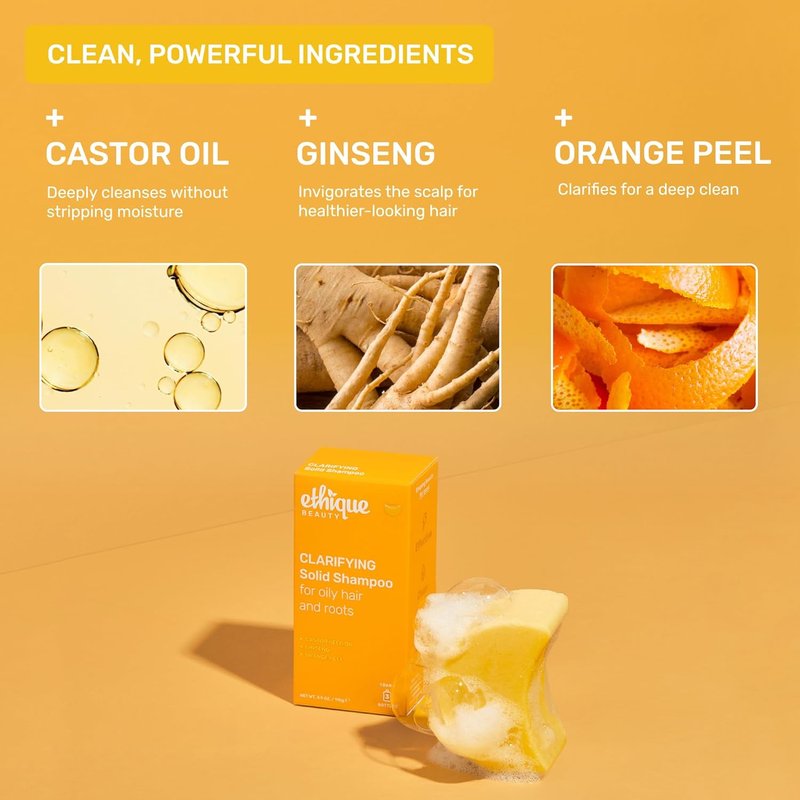 Ethique Clarifying Shampoo Bar for Oily Hair - Castor Oil, Vegan & Plastic-Free | 3.88 oz