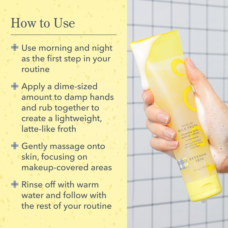 Beekman 1802 Micellar Milk Froth Face Wash – Hydrating Gel to Foam Facial Cleanser & Makeup Remover with Goat Milk & Golden Sea Moss, Gentle Foaming Face Wash for Sensitive Skin, 5 Fl Oz