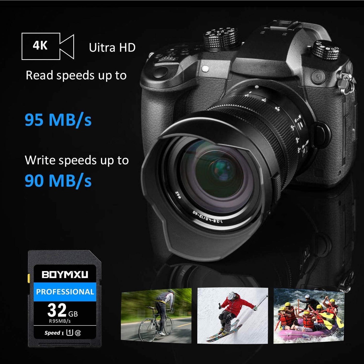 32GB Memory Card, BOYMXU Professional 1000 x Class 10 UHS-I U3 Card Compatible Computer Cameras and Camcorders, 32gb Card Up to 95MB/s, Blue/Black