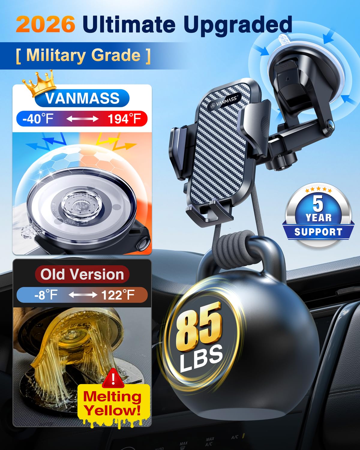 VANMASS Car Phone Holder 2026 Ultimate Military-Grade Strongest Suction & Clip Windshield Dashboard【Newest Best Strongest】 Cell Phone Shower & Wall Mounts for iPhone 17 Pro Max 16 15 14 13 Android