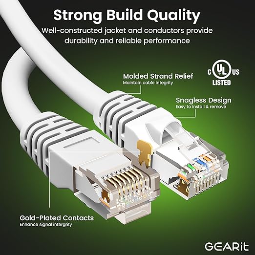 GEARit Cat 6 Ethernet Patch Cables 1 ft White (Cat 6 Ethernet Cables 1 ft 24-Pack), High Speed 24AWG 10Gbps RJ45 Snagless Gold-Plated, Ethernet Cable for Router, Switch, PC, PS5 Gaming, Server