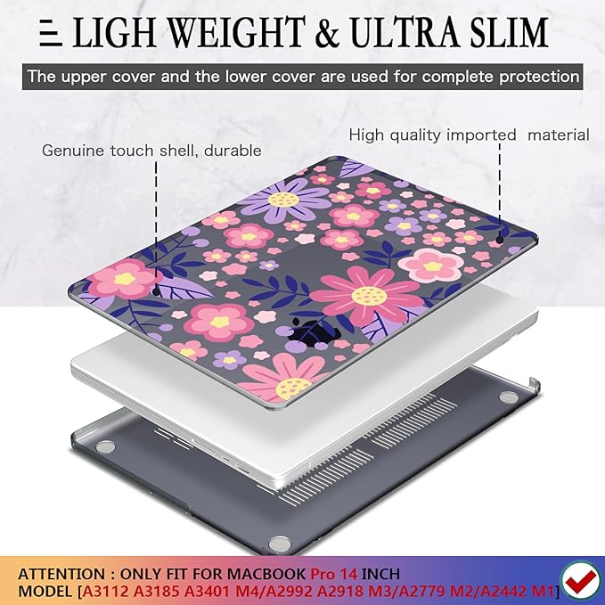 CISSOOK Compatible with MacBook Pro 14 inch 2026-2021 Release M5 M4 M3 M2 M1 Chip A3434 A3427 A3426 A3112 A3185 A3401 A2918 A2992, Hard Shell Case Keyboard Cover Screen Protector, Stylized Flowers