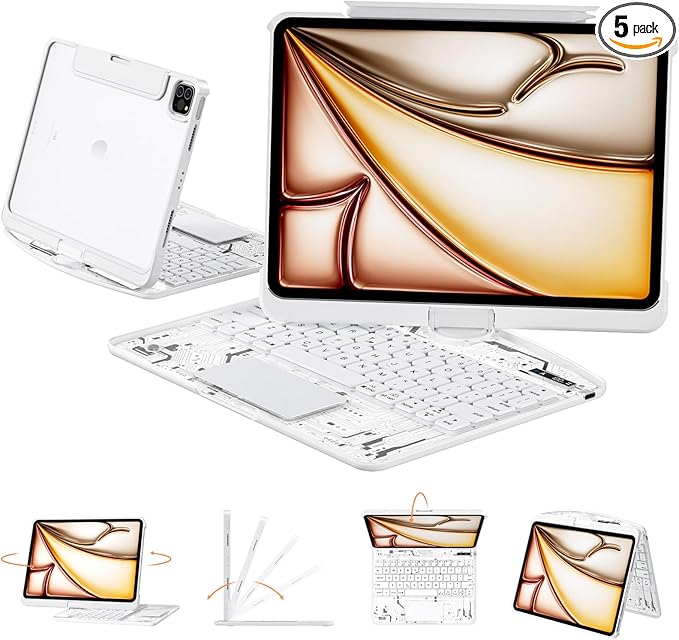Transparent Case with Keyboard iPad Air 11 Inch (M4/M3/M2, 2026/2025/2024)/ iPad Air 5th/4th Generation 10.9" / iPad Pro 11" 1st/2nd/3rd/4th Trackpad, Pencil Holder, 7-Color Backlit, Rotatable, white