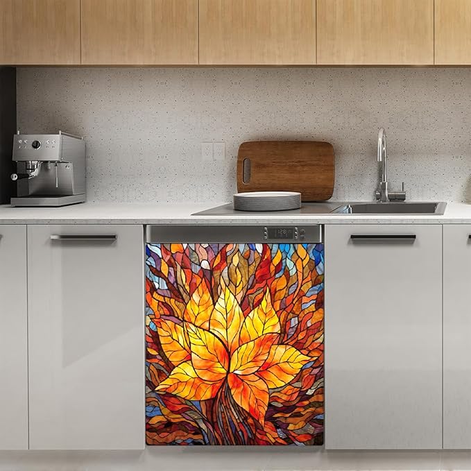 Autumn Gold Glass Leaves Dishwasher Magnet Cover for The Front Magnetic Dishwasher Door Covers Dish Washer Sticker Wrap Home Decorative Appliances Panel Decal Kitchen Decor 23" x 26" (Magnetic)