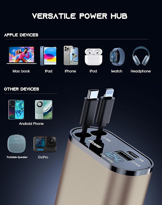 Mifanstech Retractable Car Phone Charger, 4 in 1 Fast Charge Car Phone Charger with 2 Retractable Cables(2.6ft) and 2 USB Ports, Compatible with iPhone15/14/15 Pro Max,Samsung (Gold)