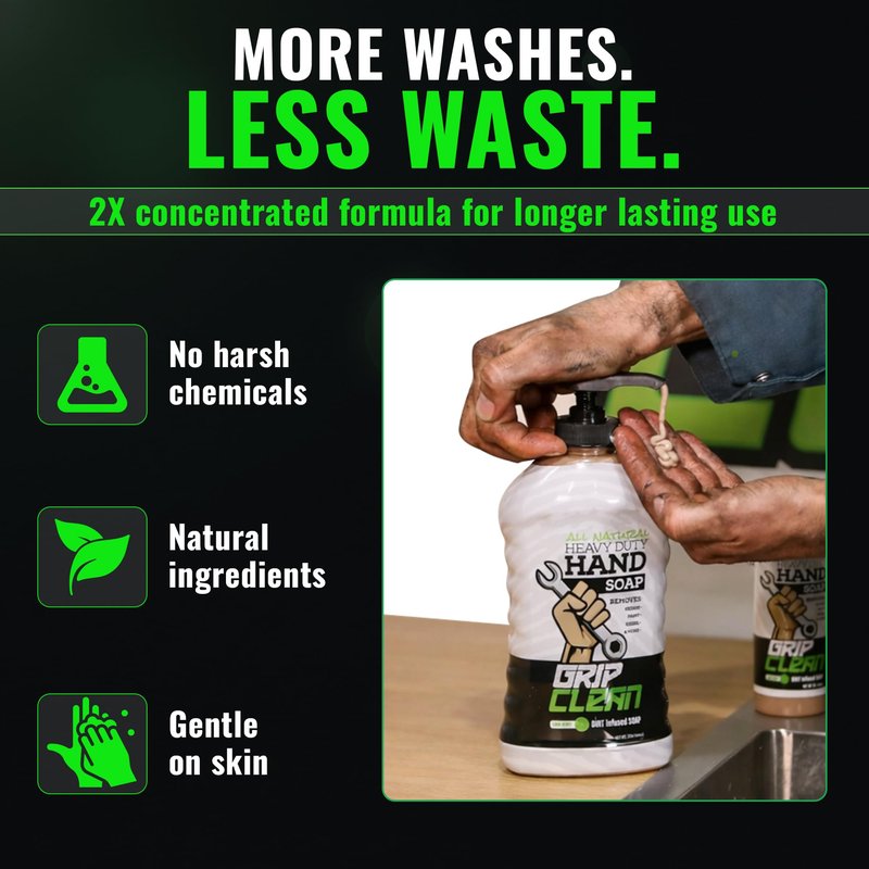 Grip Clean Heavy Duty Hand Cleaner for Mechanics – Natural Pumice & Clay-Infused Technology Removes Grease, Oil & Grime – Moisturizing Liquid Hand Soap for Shop, Garage & Industrial Use – 32oz