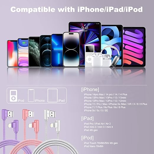 SAVEANGLE iPhone Charger 3 Pack 10FT USB A to Lightning Cables 90 Degree Charge Cable MFi Certified Nylon Braided Fast Charging Cord for iPhone 14/13/12/11/X/Max/8/7/6/6S/5/5S/SE/Plus/iPad