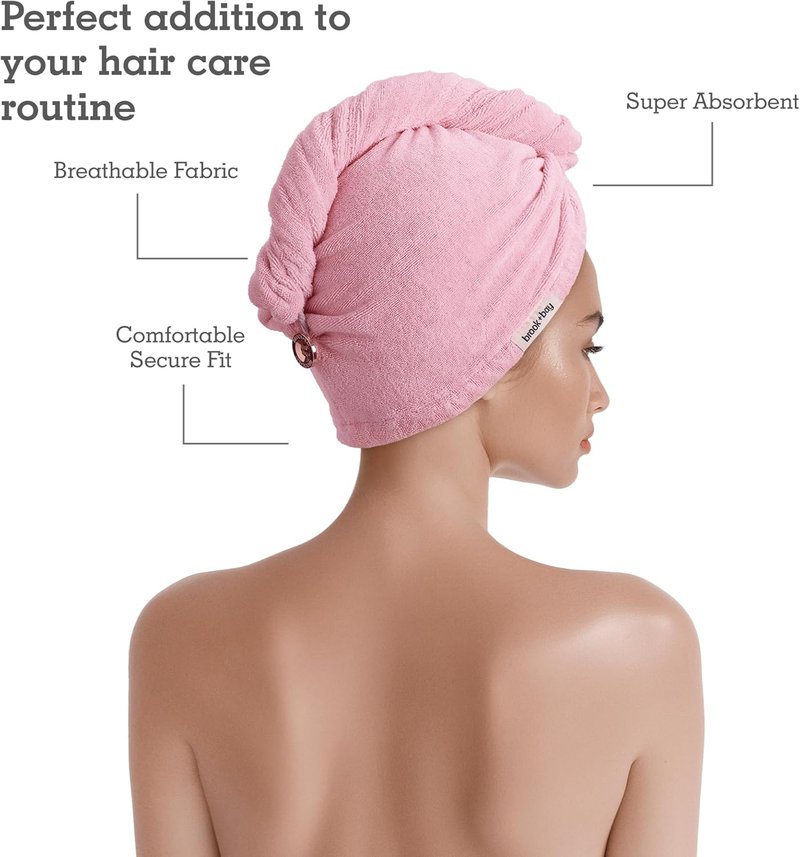 Microfiber Hair Towel Wrap - Quick Dry Anti-Frizz Plopping Turban | Machine Washable - Pink