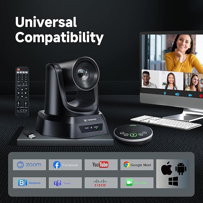 TONGVEO Wireless AI PTZ 20X Camera System with Auto Tracking Built-in Receiver & Bluetooth Speakerphone, 5.8GHz 1080P 60fps Conference Camera for Church Zoom, OBS Meetings