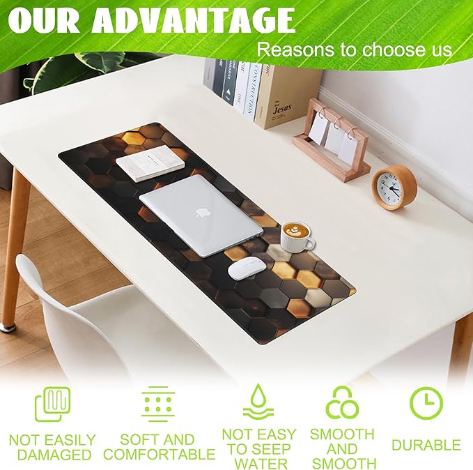Eflxamz Desk Mat,Golden Honeycomb Technology Desk Pad,Honeycomb Technology Large Gaming Mouse Pad for Desk,Extended Big Computer Keyboard Mouse Pad with Non-Slip Base and Stitched Edge,31.5"x11.8"