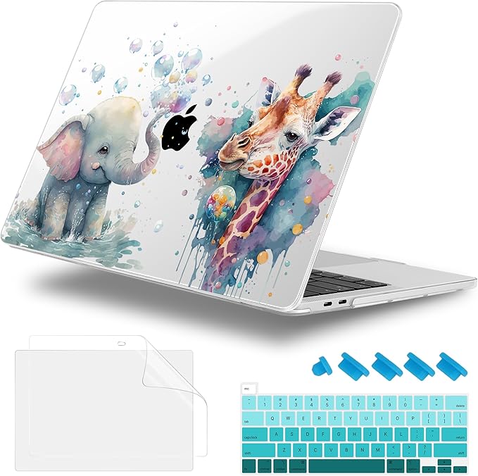 Lepeoac Case for MacBook Pro 13 inch Case M2 2022-2016 A2338 M1 A2251 A2289 A2159 A1989 A1708 A1706, Plastic Hard Shell + Keyboard Cover + Dust Plug - Elephant & Giraffe