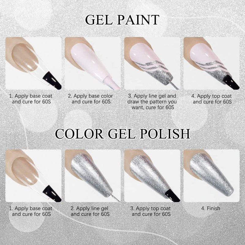 MIZHSE Gel Liner Nail Art Paint Set - 4 Pcs Glitter Silver & Gold for Stunning French Designs | Soak Off Manicure