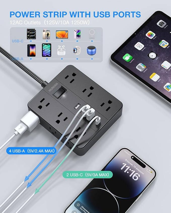 Extension Cord 25 Ft, HUNIAN Flat Plug Power Strip, 12 Widely Spaced Outlets with 6 USB Charger (2 USB C Ports), Desk Charging Station for Home Office Supplies, Dorm Room, Black