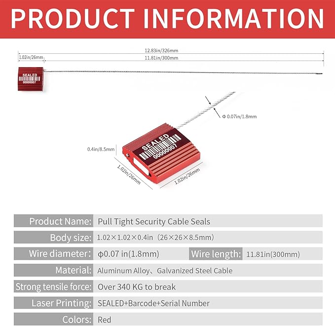LeadSeals 50 Red High Security Cable Seals with Barcode, Pull Tight Numbered Steel Security Seals, Anti-Tamper Shipping Self-Locking Tags for Logistics, ISO 17712 Certified