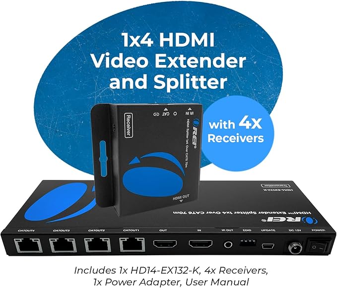 OREI 1080p 1×4 HDMI™ Extender Splitter (Loop) – HDCP 1.4, 230ft over Cat6/7, PoC, EDID Management, HDMI Loop-Out (HD14-EX132-K)