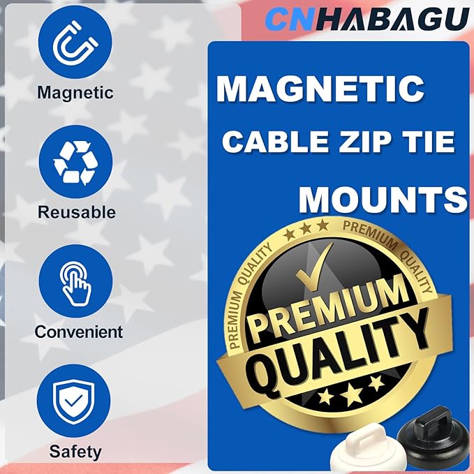 CNHABAGU Magnetic Cable Zip Tie Mounts Clips Multipurpose Zip Ties Mount Base Holder Black Wire Cable Holder Mount Wire Clips Management for Home Office Marine Electrical Wiring (White, 5 Piece)