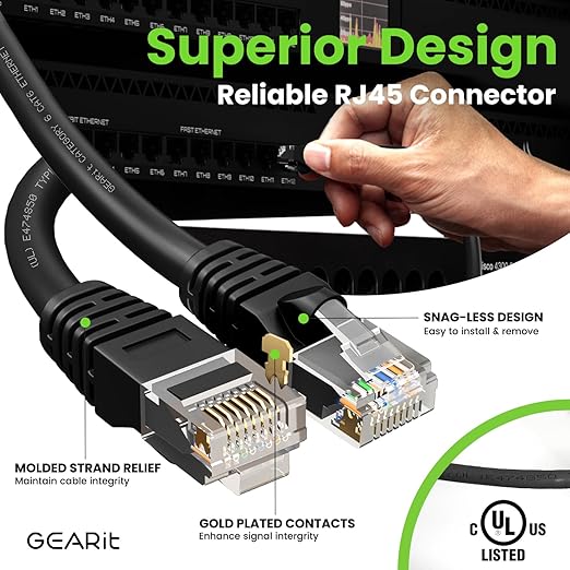 GEARit Cat 6 Ethernet Patch Cables 1.5 ft Black (Cat 6 Ethernet Cables 1.5 ft 24-Pack), High Speed 24AWG 10Gbps RJ45 Snagless Gold-Plated, Ethernet Cable for Router, Switch, PC, PS5 Gaming, Server