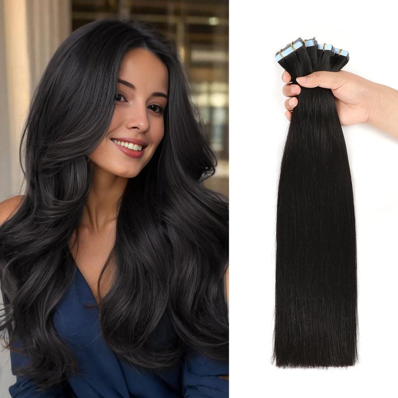 JESSBO Tape in Hair Extensions Human Hair Straight Natural Black 100% Remy Human Hair 18 inch 20pcs 50g/pack Seamless Skin Weft Tape in Extensions for Women (18 Inch #1B Natural Black)
