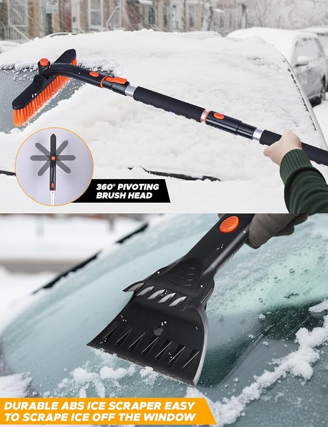 EcoNour 53â³ 3 in 1 Extendable Snow Brush with Ice Scraper for Car Windshield | 360Â° Pivoting Long Snow Brush for SUV, Truck, and Car | Winter Car Accessories