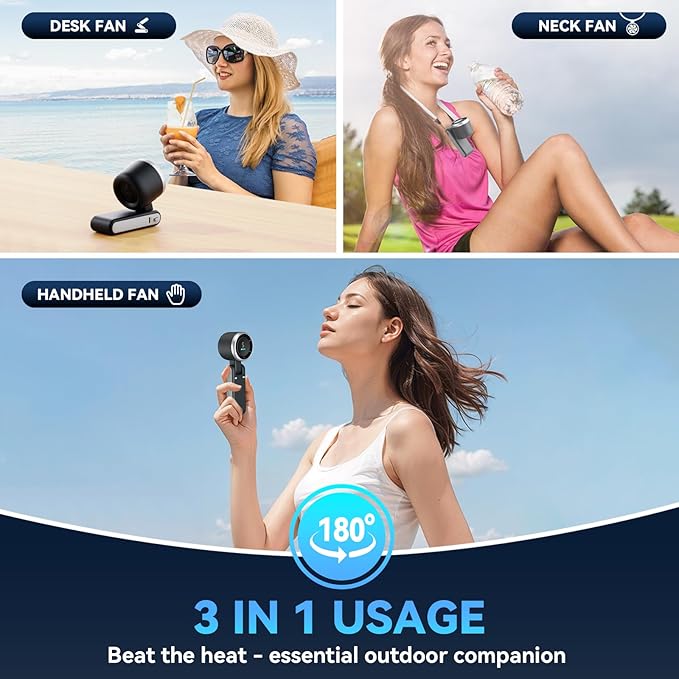 PlayHot Portable Handheld Turbo Fan, 5 Gear Wind, USB-C Rechargeable Fan, Up to 12 Working Hours, 3 IN 1 Hand Fans with Air Turbo Tech Cooling Fan for Outdoor Activities, Travel, Beach (Black)