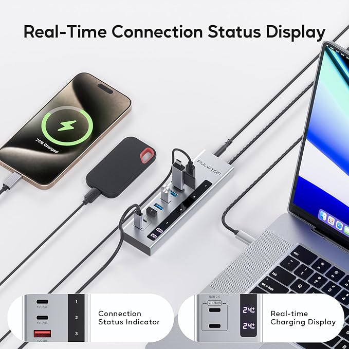 PULWTOP Powered USB C Hub, 10-in-1 USB 3.2 Data Hub with 3 x USB A/C 10Gbps, 3 x USBA 5Gbps, USB A 2.0, 100W PD-in, 2 x 24/45W Type-C Charging Ports (72W Adapter Included)