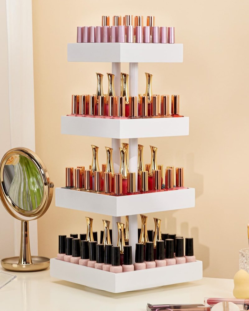 Nail Polish Display Stand - 360° Rotating Bamboo Rack Organizer | 4-Tier Makeup Holder for Easy Access - White