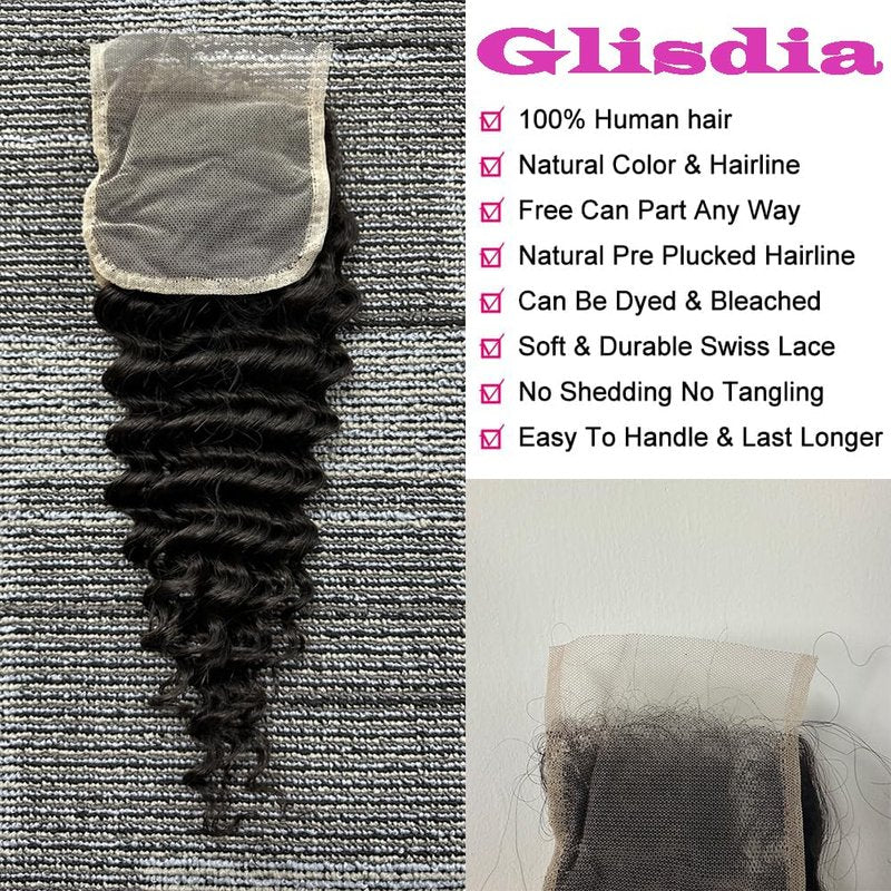 4x4 Lace Closure Human Hair 20 Inch Deep Wave Closure Pre Plucked with Babyhair Free Part Transparent Lace Closure 100% Unprocessed Brazilian Virgin Human Hair Closure Natural Black