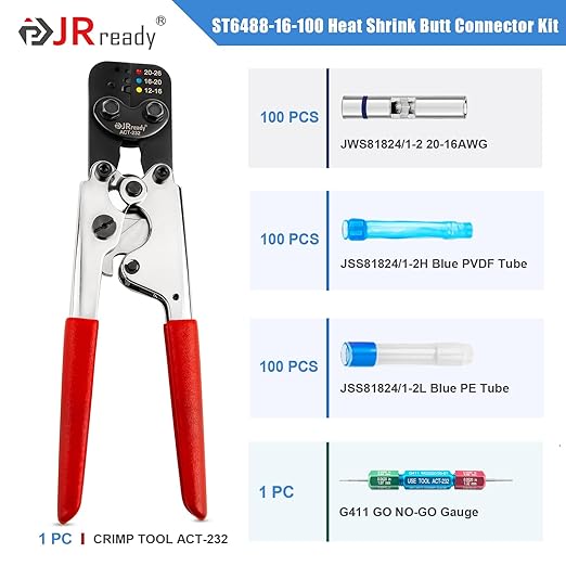 JRready IP68 Environmental Butt Splice Kit 100Sets 20-16AWG AS81824 Aviation Splice Connectors with PVDF and PE Heat Shrink Tubes ACT-232 Butt Splice Crimper G4111 Go No Go Gauge for Automotive Marine