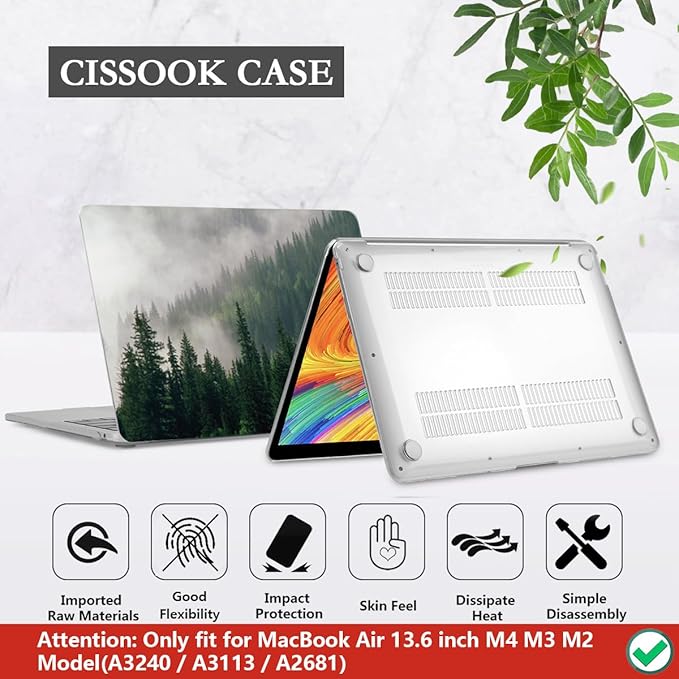 CISSOOK Compatible with MacBook Air 13.6 inch Case A3449 A3240 A3113 A2681 2026 2025 2024 2022 Release, Hard Shell Case with Keyboard Cover for MacBook Air 13.6 M2 M3 M4 M5, Forest