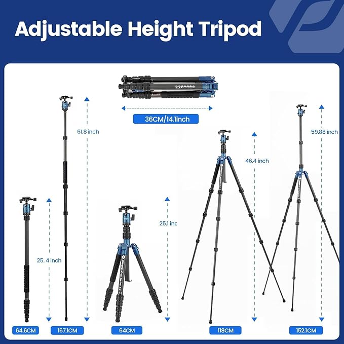 Fotopro Carbon Fiber Camera Tripod, 62" Super Lightweight Compact Travel Tripod with 360 Degree Ball Head for DSLR, Detachable Monopod,Arca-Swiss QR Plate, Load up to 8KG/17.63lbs, Weighs only 2lb