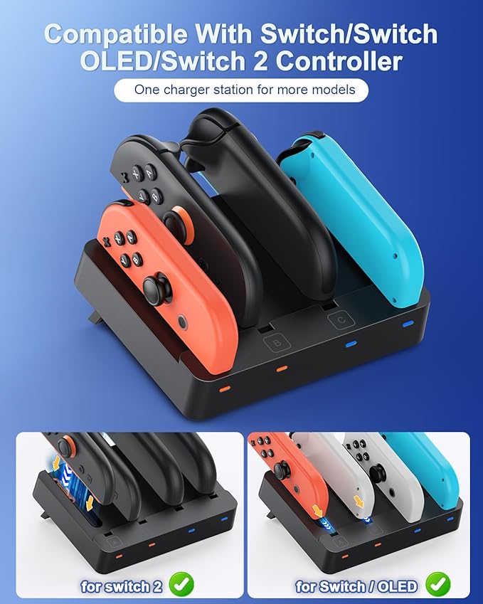 [Both for Switch 2 and 1] Controller Charger for Nintendo Switch 2 2025 and 1, Horizontal Charging Dock Station for Joy con and for Joycon 2 Accessories with Foldable Storage Stand