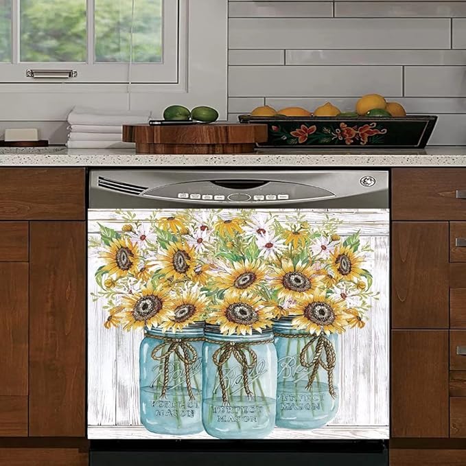 Farm Sunflower Dishwasher Cover Sticker, Vase Sunflowers Fridge Decal Panel, Farm Style Vinyl Home Appliance Cover, Ordinary 23"x17"INCH
