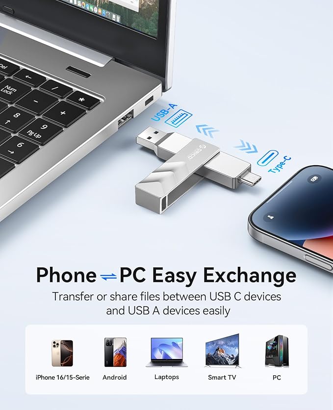 ORICO 2TB Portable Solid State Drive, 1050MB/s Dual-Port Rotating Metal External SSD with 90° Click-Stop, Reliable Storage for iPhone 17, 16 Series, Type-C Smartphone, Mac, Audio, Vehicle - A101