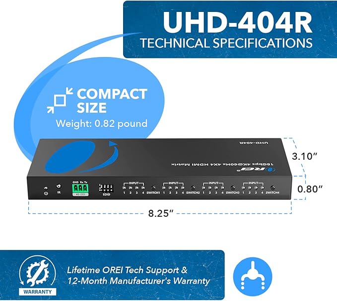 OREI 4K@60Hz 4×4 HDMI Matrix Switch with Downscaler & ARC, 18Gbps, HDCP 2.2, HDR, Audio Extraction (Optical & Analog), 4K-to-1080p Scaling, IR Remote (UHD-404R)