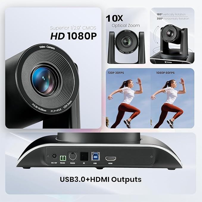 12x Zoom Conference Room Video Camera System, Al Auto-Tracking HD 1080P 60fps 12X Optical Zoom USB3.0 HDMI PTZ Camera 75° FOV and Bluetooth Conference Speaker with Microphones Bundle for Medium Room