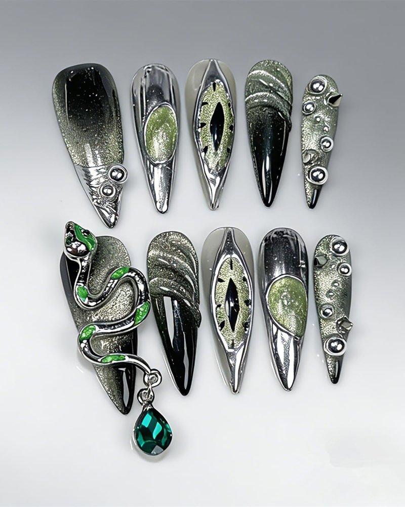 CAMILCY Luxury Handmade Press on Nails Long Stiletto Green Snake Chrome Gothic Fake Nails Glossy Black Green Gradient Crystal Charm Reusable Acrylic Nails for Women 10pcs (A038, S)