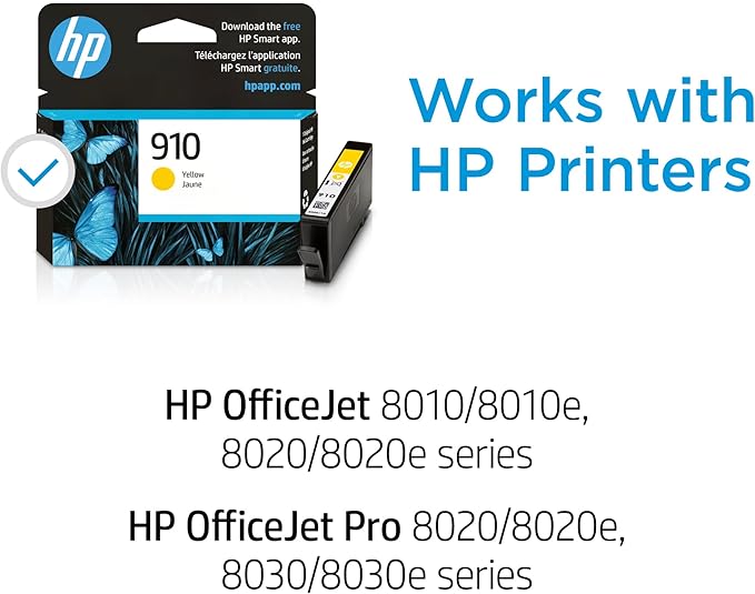 HP 910 Yellow Ink Cartridge | Works with OfficeJet 8010, 8020 Series, OfficeJet Pro 8020, 8030 Series | Eligible for Instant Ink | 3YL60AN
