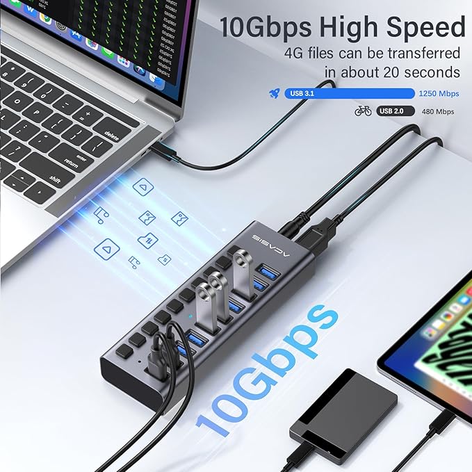 Powered USB 3.2 Hub, ACASIS 10 Ports USB 3.2 Hub with 10Gbps Data Speed, Aluminum Housing, USB Hub Powered with 48W Power Adapter, USB Hub for PC/Laptop, Computer, Flash Drive, Printer, Camera