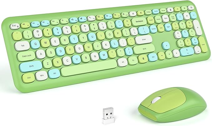 KNOWSQT Wireless Keyboard and Mouse Combo, Pale Green Full-Sized 2.4G Silent Keycap Colorful Keyboards, USB Dongle Plug Play, Laptop, Windows, PC, Mac, Desktop