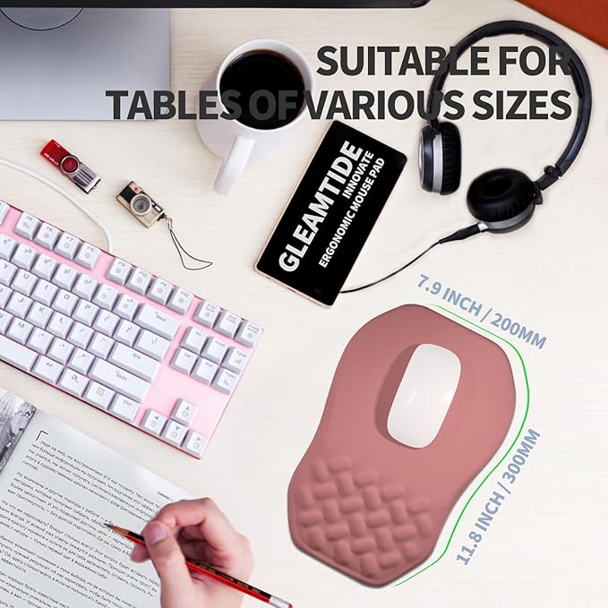 Gleamtide Ergonomic Raised Mouse Pad Wrist Support with Bilateral Slope Memory Foam Mousepad for Wrist Rest and Carpal Tunnel Pain Relief 11.8x7.9〃 Salmon Pink