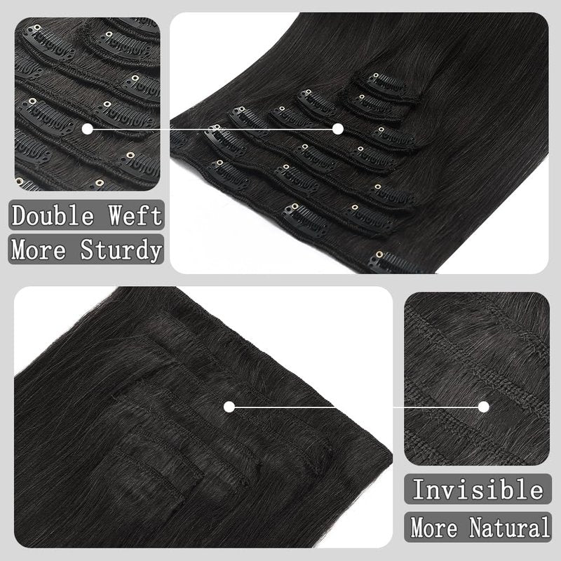 Moucyo Clip in Hair Extensions Real Human Hair 100% Brazilian Remy Human Hair Seamless Invisible clip on hair extensions for women Double Weft 7pcs 16 Inch 85g #1B Natural Black