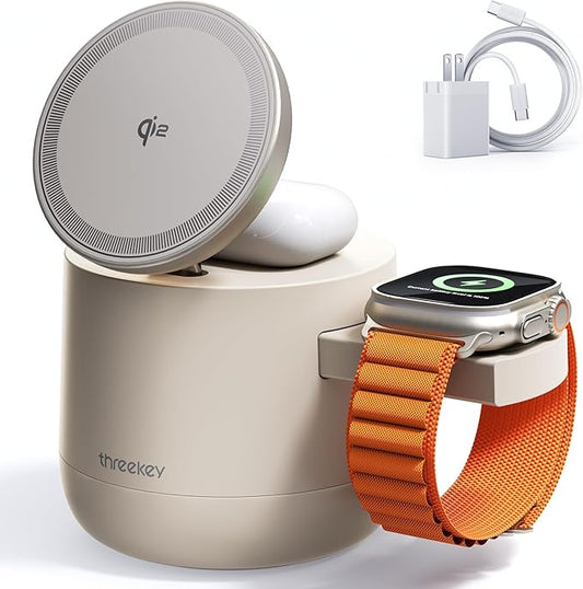 3 in 1 Wireless Charging Station, Qi2 15W Charger for iPhone 17/16/15/14/13/12 Series, iWatch, Airpods, iPad, 65W Charger Included (Sand, 3 in 1)