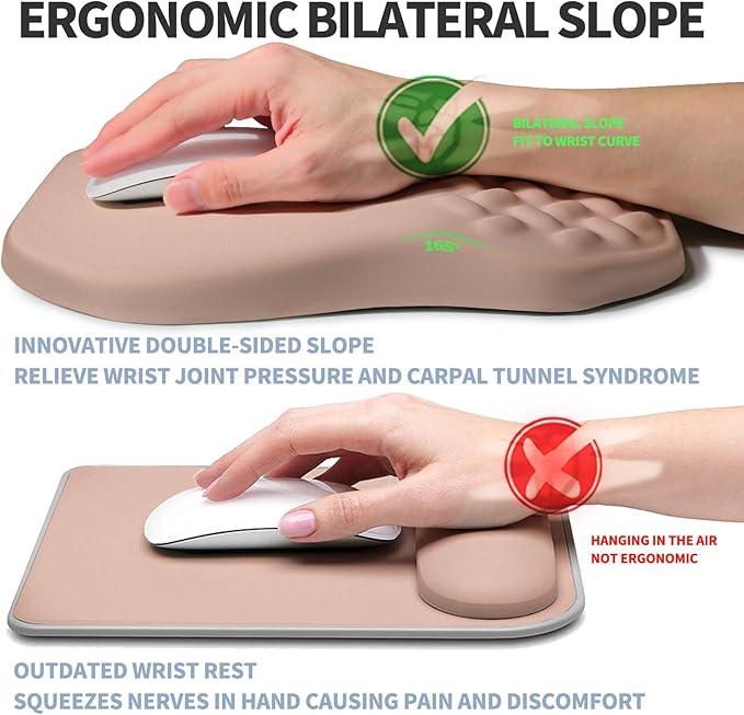 Gleamtide Ergonomic Raised Mouse Pad Wrist Support with Bilateral Slope Memory Foam Mousepad for Wrist Rest and Carpal Tunnel Pain Relief 11.8x7.9〃 Apricot Pink