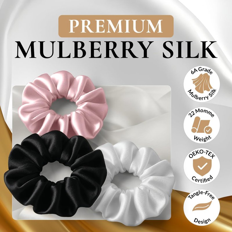 FORBDNSILK 100% Pure 22 Momme Mulberry Silk Scrunchies (Set of 3) | Highest grade (6A) Luxury Hair Ties| (Black,White,Pink) | (Black, Standard)