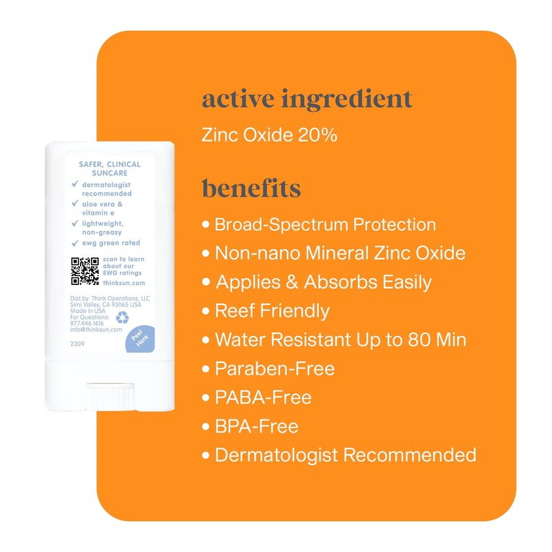 Thinksport SPF 30 Sport Sunscreen Stick with Zinc Oxide, 0.64 oz – Safe, Natural, Water Resistant Sunscreen Stick – Mineral UVA/UVB Sun Protection – Reef Safe Sunscreen
