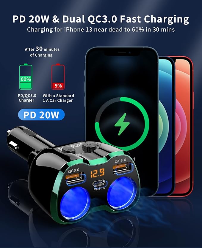 [2026 Upgraded] Cigarette Lighter Splitter, SUPERONE 180W 2-Socket Cigarette Lighter Adapter with Dual QC3.0 and 20W PD USB C Car Charger Splitter for GPS/Dash Cam/Laptop/iPad/iPhone 17/16/15/14/13/12