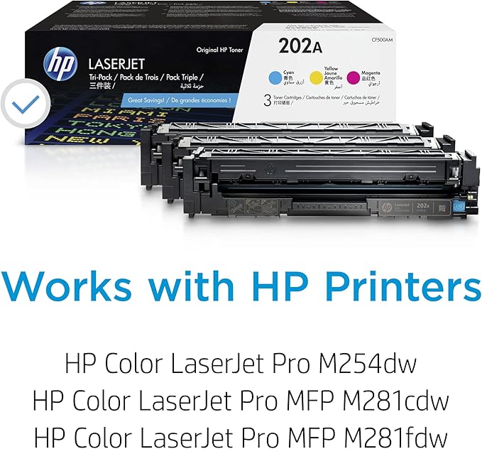 HP 202A Cyan, Magenta, Yellow Toner Cartridges Printers (3-Pack) | Works with Color LaserJet Pro M254, Color LaserJet Pro MFP M281 Series | CF500AM